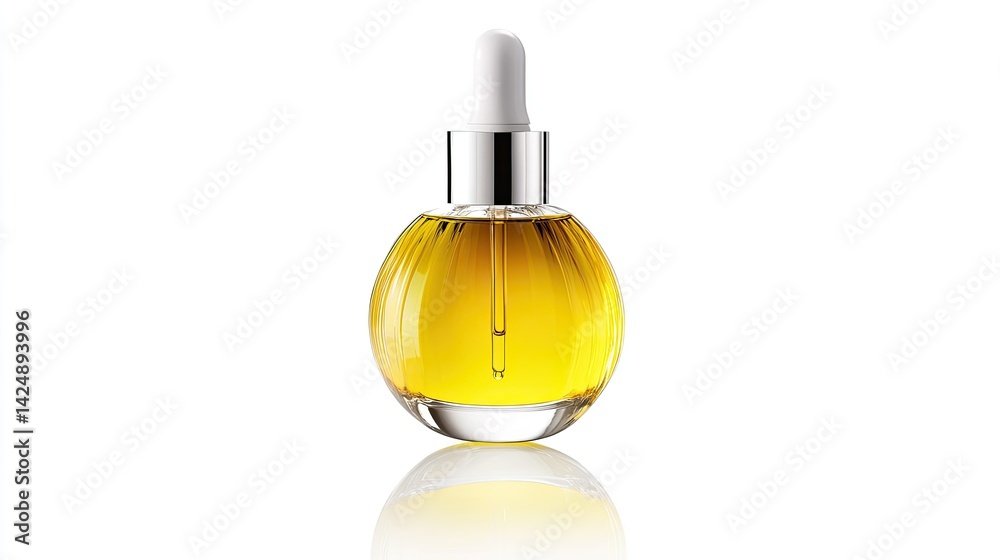 Beauty oil product with coconut essence in glass bottle on blank white background, ideal for commercial use