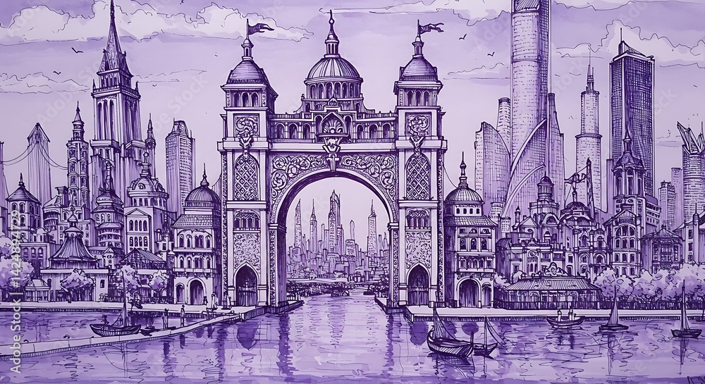 Obraz premium A panoramic sketch in vector art showcasing the skyline landscape of Mumbai, also known as Bombay. It highlights the characteristic buildings and monuments of the city.