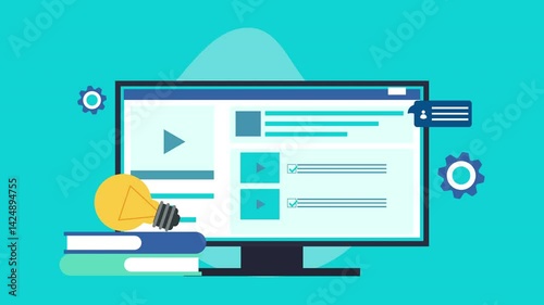 Online learning animation with computer monitor, website, books, and a lightbulb symbolizing knowledge. Perfect for educational websites or presentations. photo