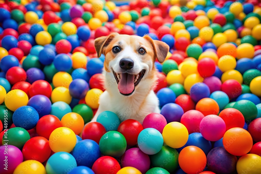 Minimalist Dog in Ball Pit: Happy Puppy Playing in Colorful Balls