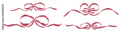 Hand drawn girly coquette bow ribbon set. Chalk wavy pencil texture doodle curly border frame. Wedding invitation, greeting card, postcard design, gift logo design. Vintage style vector illustration