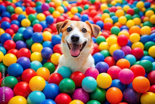 Obraz na płótnie Minimalist Dog in Ball Pit: Happy Puppy Playing in Colorful Balls w salonie