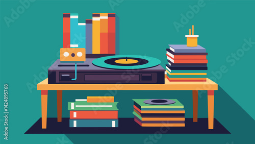 A record player p on a small table in the corner with stacks of records piled up beside it. Vector illustration