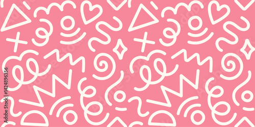 Memphis fun geometric seamless pattern. Cool abstract background, retro 80s, 90s style with basic shapes: star, triangle, circle, semicircle, heart, zigzag, spiral, wavy lines. Cute kid doodle design.