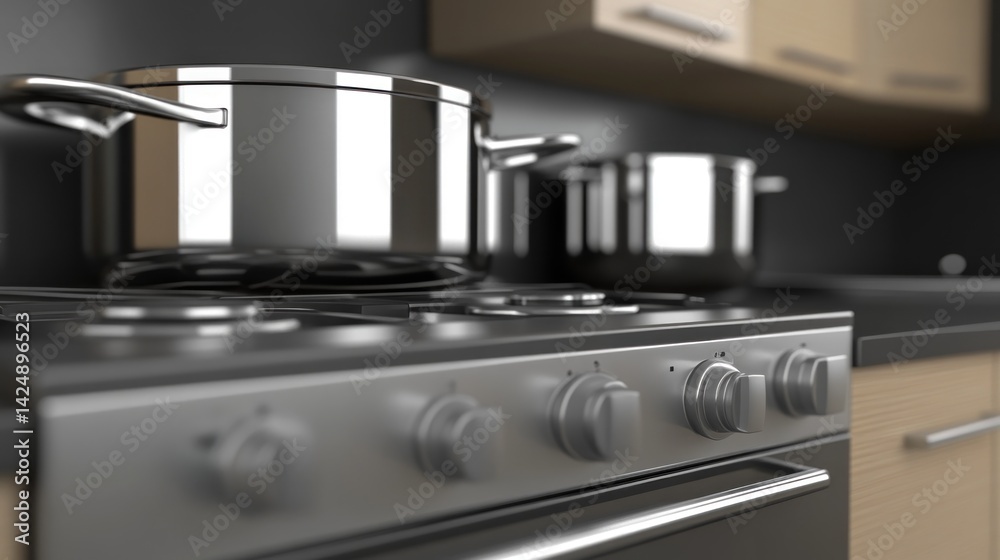 Modern kitchen stovetop with stainless steel cookware. Modern kitchen stovetop with stainless steel cookware.