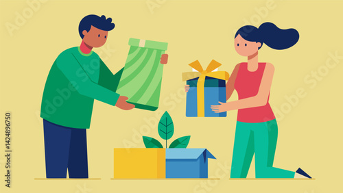 A couple choosing to wrap their gifts in natural and reusable materials such as fabric or recycled paper instead of traditional wrapping paper.. Vector illustration