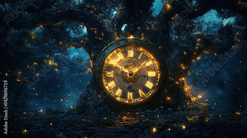 Enchanting clock nestled in a mystical forest