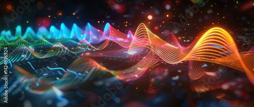 Wireless signal analysis chamber, RF interference patterns visible as colored waves in dark space blur with bokeh spots.