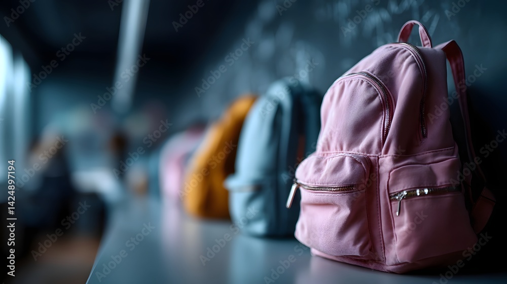 Obraz premium Backpacks lined up against a wall, smartboard projecting educational visuals, students focused on homework discussions