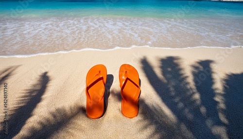 Summer beach vacation, orange sandal and palm leave