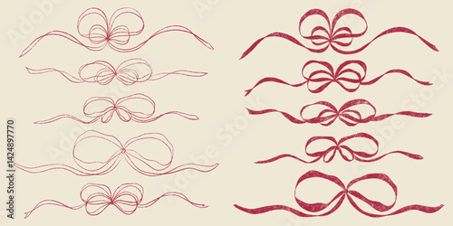 Hand drawn girly coquette bow ribbon set. Chalk wavy outline pencil texture doodle curly border frame. Wedding invitation, greeting card, postcard design, gift logo design. Vintage vector illustration