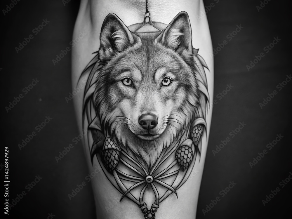 Minimalist Wolf Tattoo Dreamcatcher Design - Black Ink & Feathers