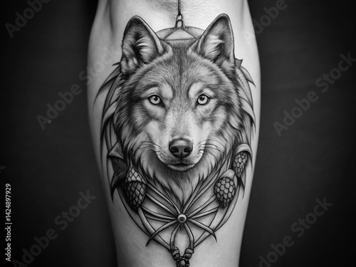 Minimalist Wolf Tattoo Dreamcatcher Design - Black Ink & Feathers