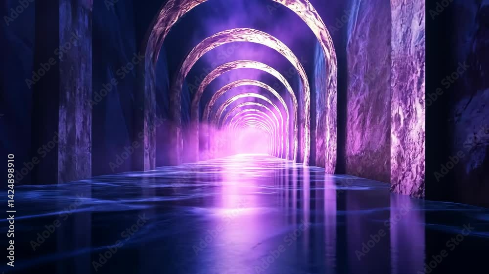 Lit Corridor Purple Stone Archway leading to Mysterious Bright Background Lit Corridor Purple Stone Archway leading to Mysterious Bright Background