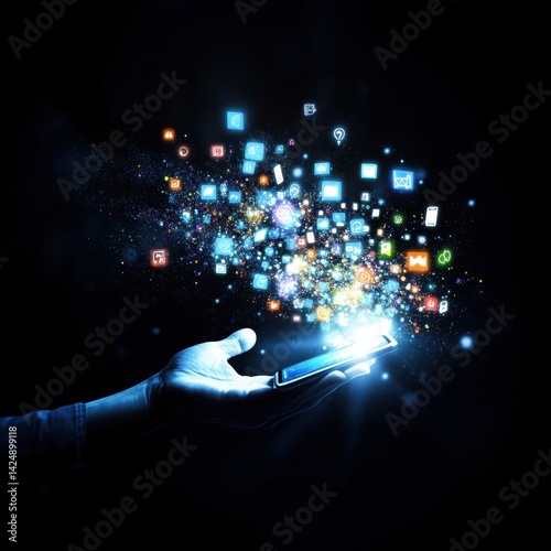 A hand holds a glowing smartphone as digital icons burst forth in a vibrant, cosmic display of connectivity and technology