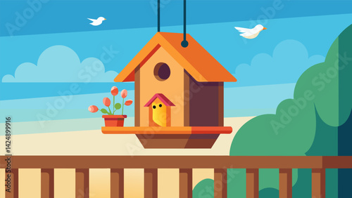 A makeshift birdhouse hanging from the railing of a balcony inviting inquisitive birds to peek inside..