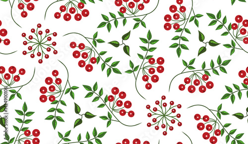 Seamless pattern with rowan berries on a white background. Suitable for coloring fabric, wallpaper, wrapping paper and more.
