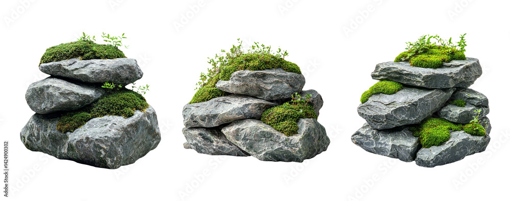 Natural Stone Stacks with Green Moss on Transparent Background