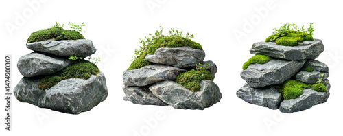 Obraz na płótnie Natural Stone Stacks with Green Moss on Transparent Background w salonie