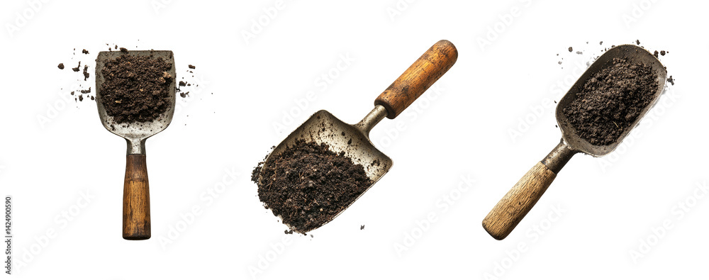 Three Vintage Garden Tools with Soil on Transparent Background
