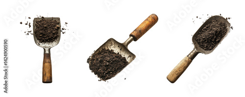 Obraz na płótnie Three Vintage Garden Tools with Soil on Transparent Background w salonie