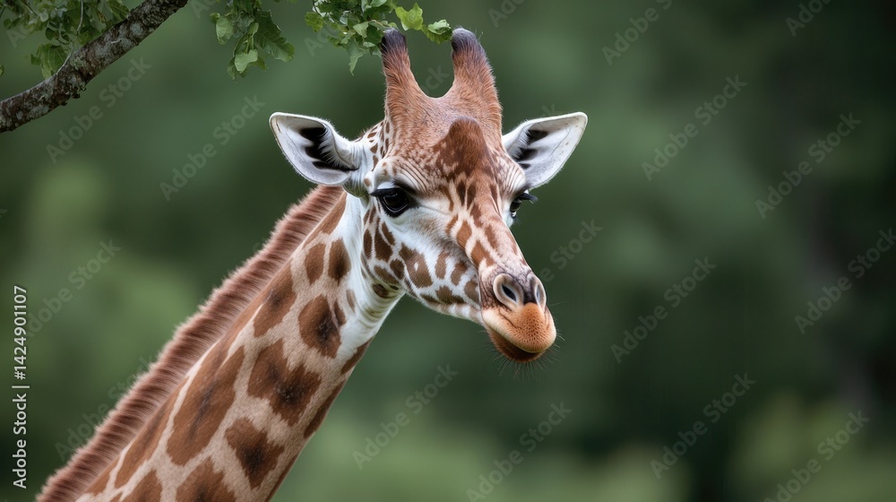 Obraz premium Close-up of a giraffe's head and neck, with distinctive spots