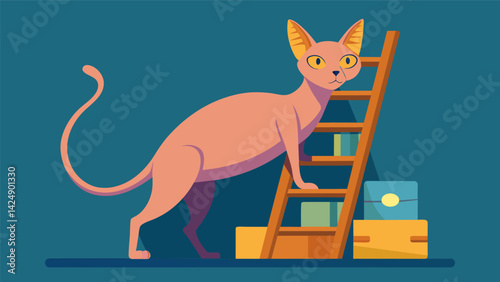 A curious Sphynx cat balancing on a ladder trying to reach the highest shelves and explore the hidden treasures.. Vector illustration
