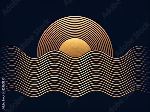 Night Ocean Waves Sun Line Art Minimalist Abstract Seascape