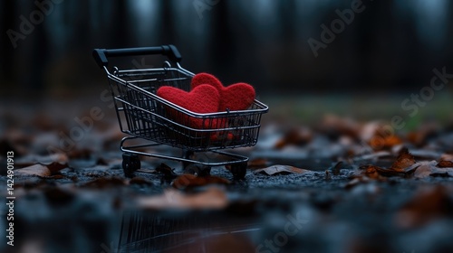 Miniature shopping cart filled with red hearts in a puddle, autumnal setting
