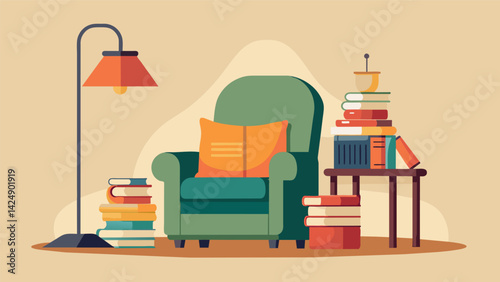 A cozy reading nook filled with vintage floor lamps a comfy old armchair and a stack of wellloved vintage books creating a serene and inviting space. Vector illustration