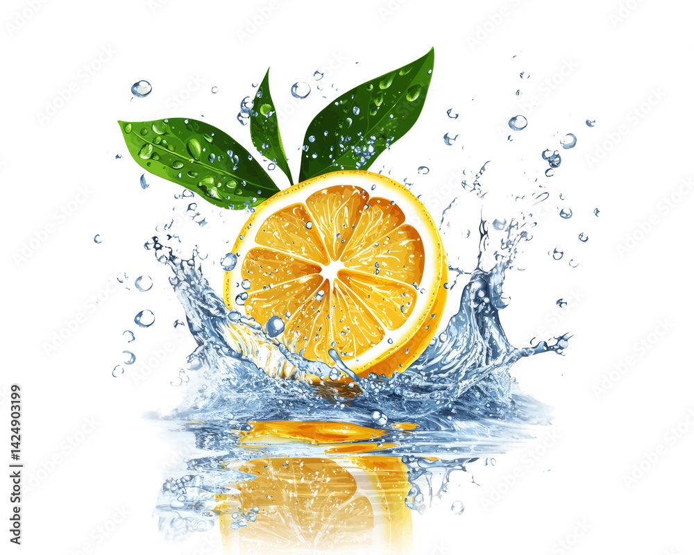 Fresh Lemon Slice with Splash in Water and Green Leaves on Transparent Background