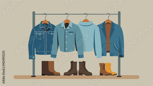 A collection of faded denim jackets and worn leather boots displayed on a metal rack.. Vector illustration