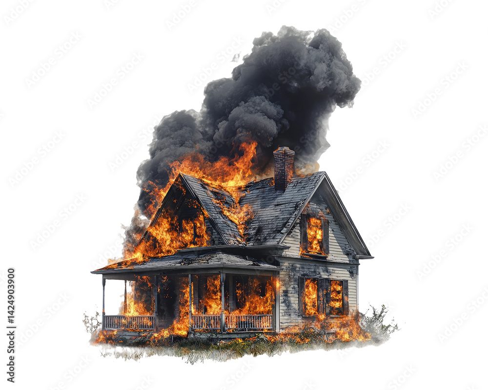 House Burning in Flames with Smoke on Transparent Background