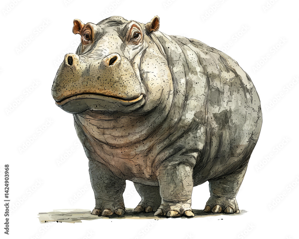 Realistic and Detailed Illustration of a Hippo on Transparent Background