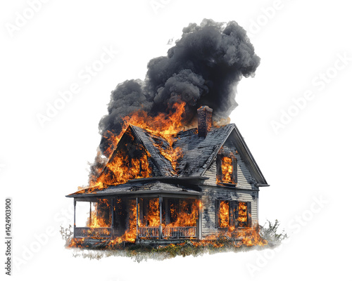 Obraz na płótnie House Burning in Flames with Smoke on Transparent Background w salonie