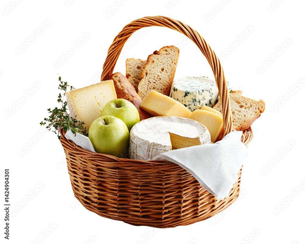 Gourmet Food Basket with Cheeses, Bread, and Green Apples on Transparent Background