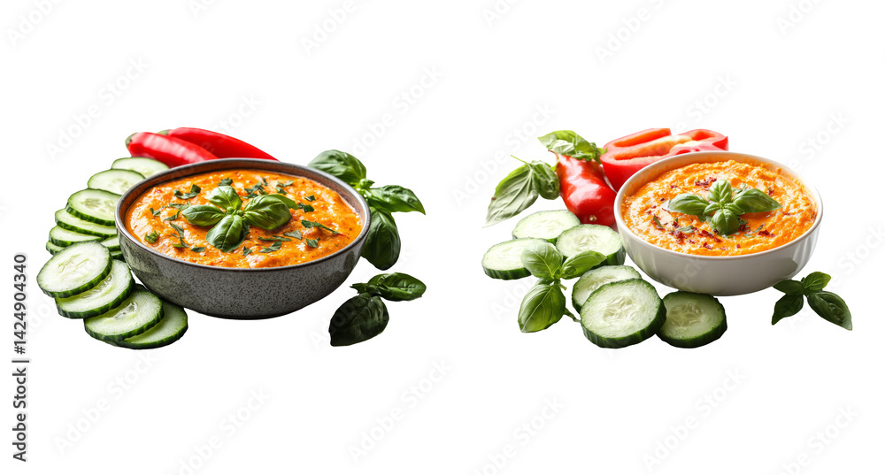 Delicious vegetarian dips with fresh vegetables on a transparent background
