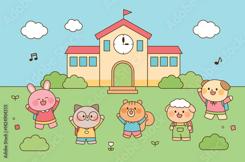 Cute cartoon animal kids going to school, cheerful morning scene with a clock tower and backpacks. Flat style for children’s content.