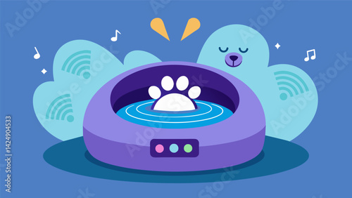 A hightech pet bed with integrated speakers that play calming music and emit calming scents helping to alleviate anxiety in your pet.. Vector illustration