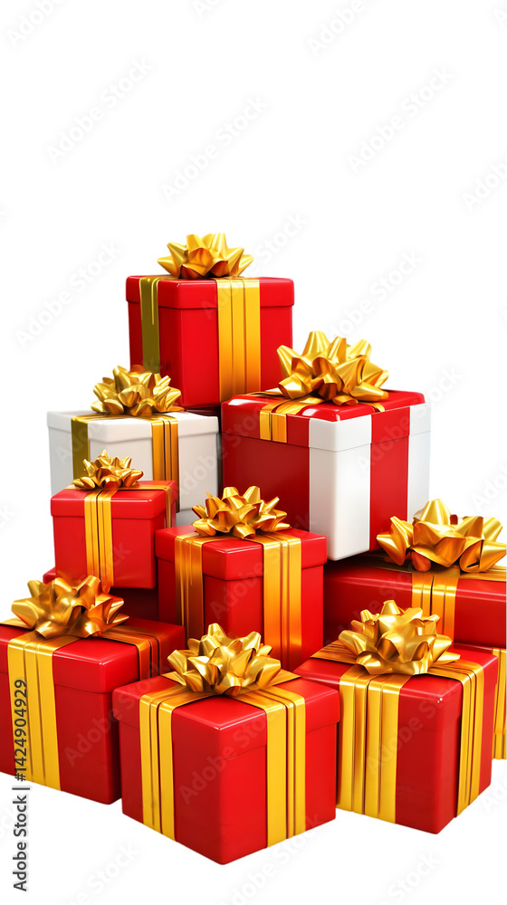 Obraz premium 3D Illustration of Stacked Red Gift Boxes with Gold Bows in Isolated Black
