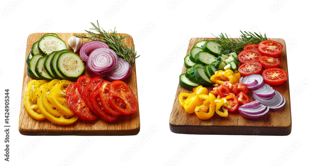 Colorful Fresh Vegetables Slice Arrangement on Wooden Cutting Boards