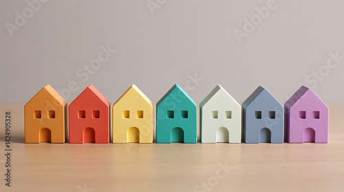 a row of colorful wooden house pieces