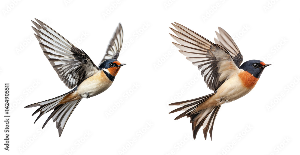 Two Swallows in Flight with Detailed Wings and Transparent Background