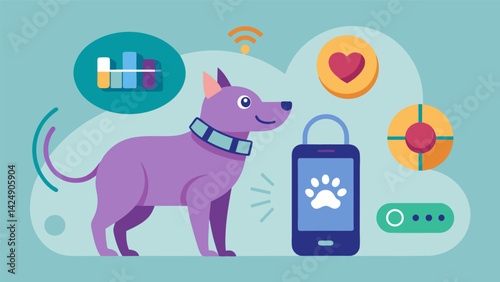 A petfriendly activity tracker that monitors your pets exercise and sleep patterns helping owners keep their pets healthy and active.. Vector illustration