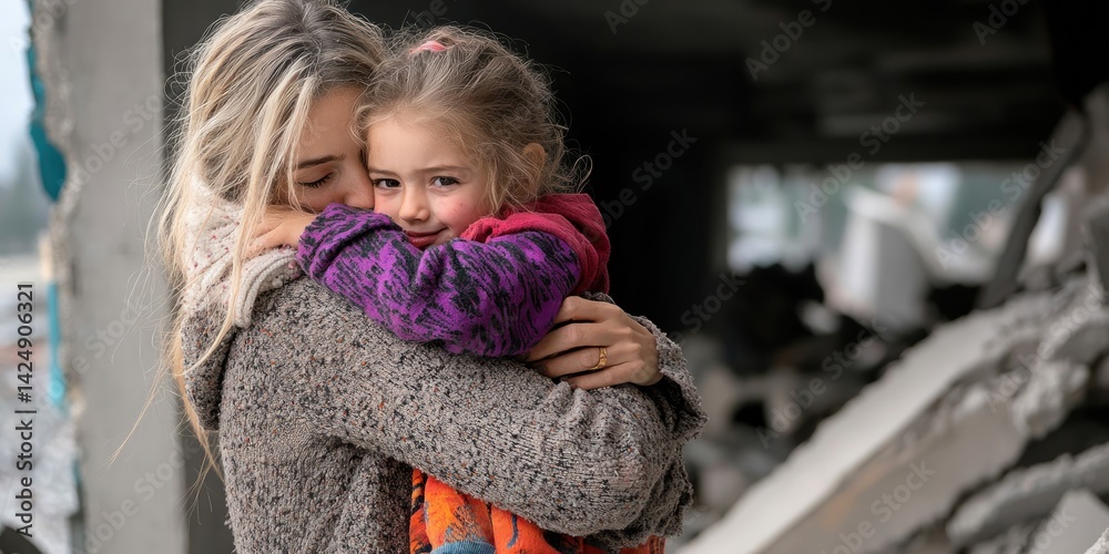 Woman Comforting Child in Bombed-Out School, Surrounded by Destruction, Highlighting Violence's Impact on Children