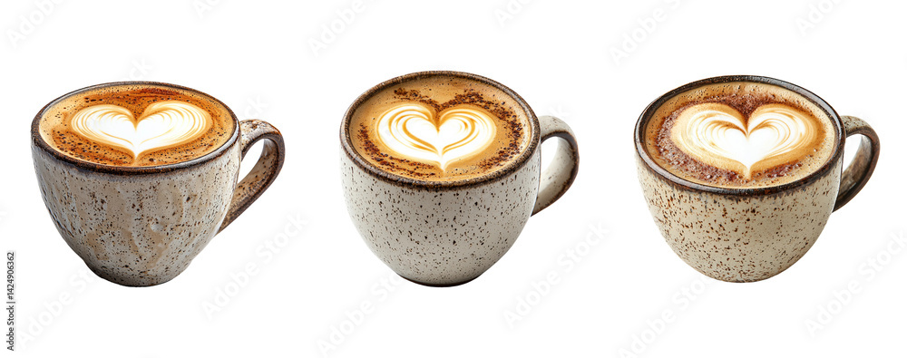 Three Coffee Cups with Heart Latte Art on Transparent Background