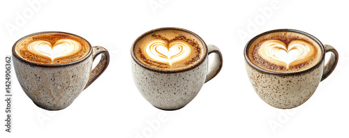 Obraz na płótnie Three Coffee Cups with Heart Latte Art on Transparent Background w salonie