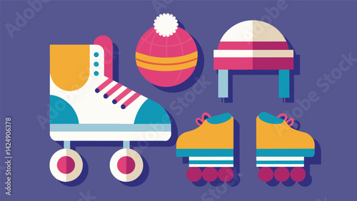 A display of retroinspired skate accessories including toe stops and pompoms add the perfect finishing touch to any roller skating ensemble.. Vector illustration