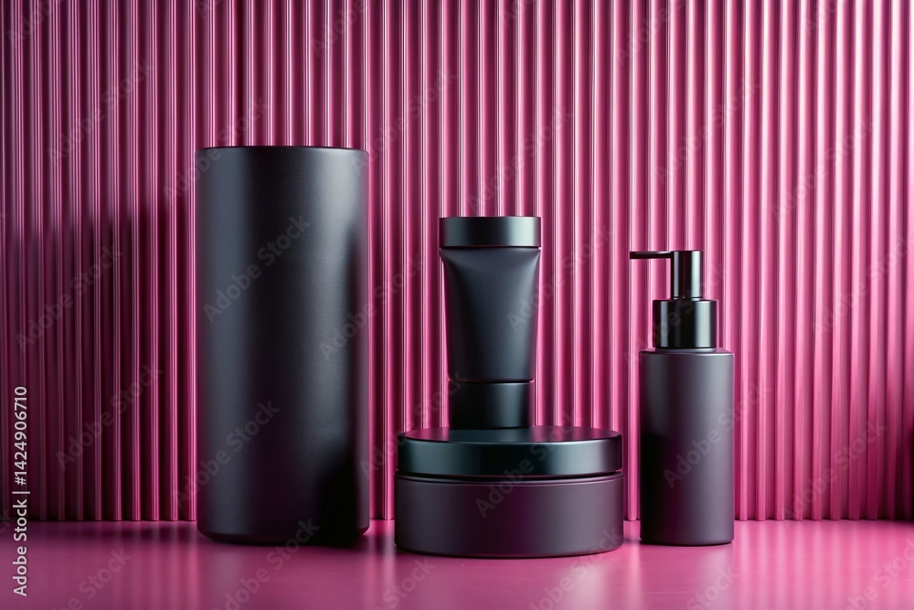 Obraz premium Pink Background Skincare Mockup: Cylindrical & Rectangular Product Display with Copy Space