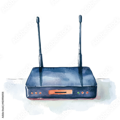Modern wireless router on a desk, watercolor illustration, isolated on a white background.

